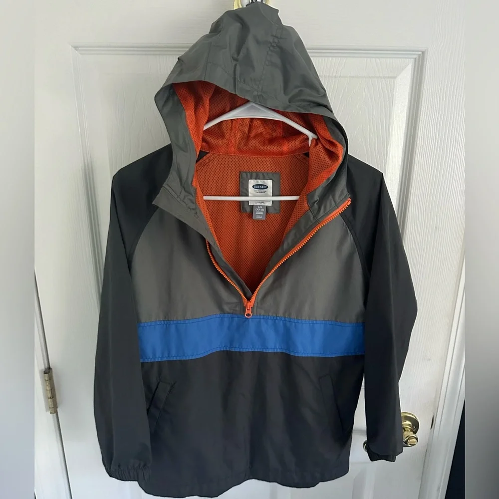 ✨2/$28✨ Old Navy Gray, Orange & Blue Striped Windbreaker Jacket•L